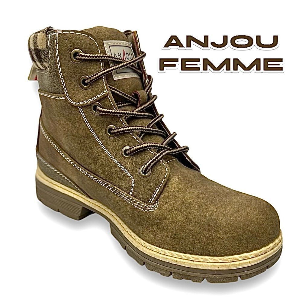 Anjou Femme Tan Hiking Boots Buffalo Check Collar Plaid Interior W 8.5 Used